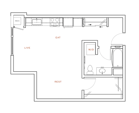 Floor plan for studio, 1 bath, 574 sqft